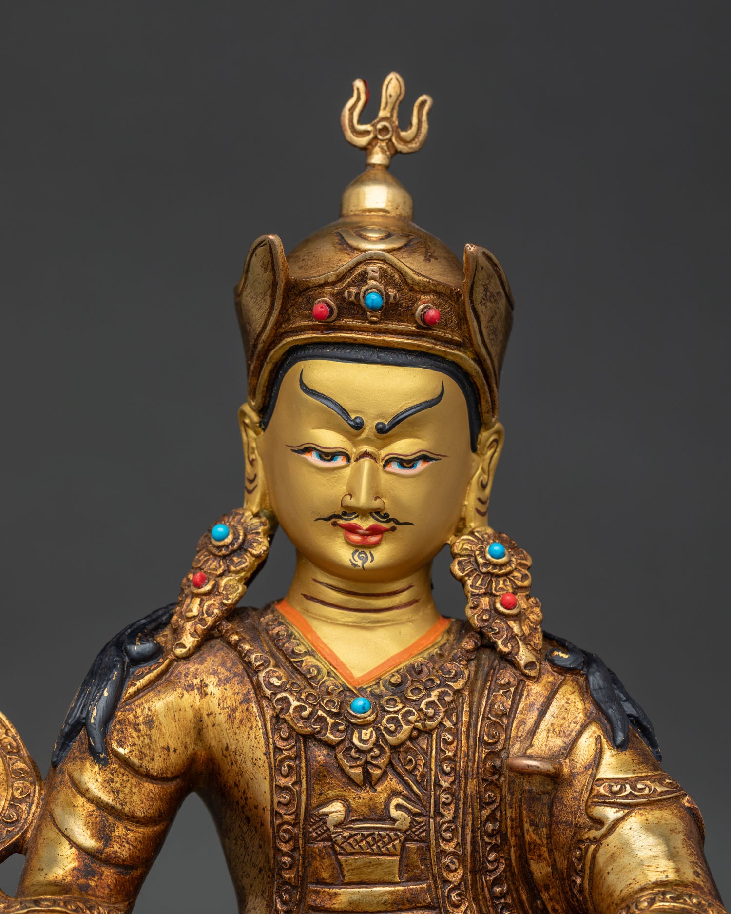 Guru Rinpoche Statue Regular Close Up Showing 24K Gold Fire Gilded Craftsmanship