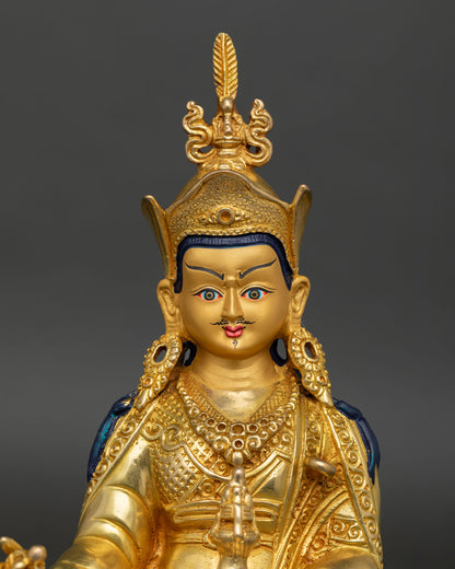 Guru Rinpoche statue close up showing intricate Himalayan Buddhist artwork and details