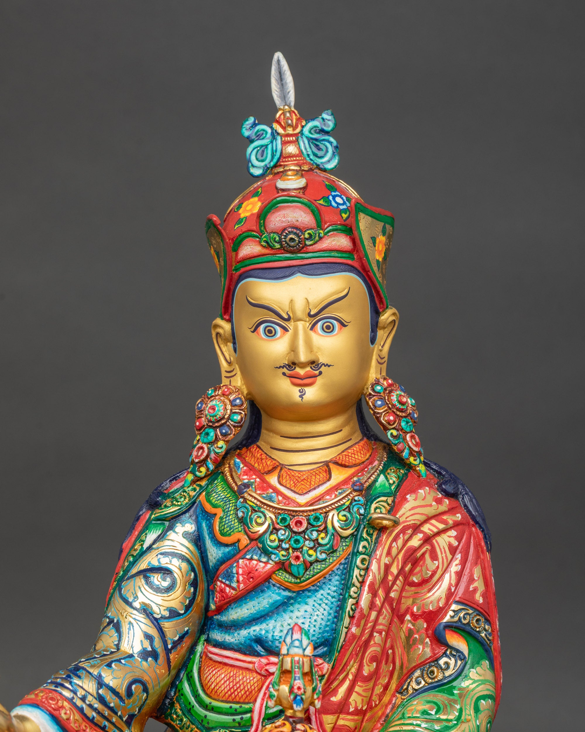 guru-rinpoche-statue-close-up-vajra-skull-cup-khatvanga-hand-painted-nepalese-art