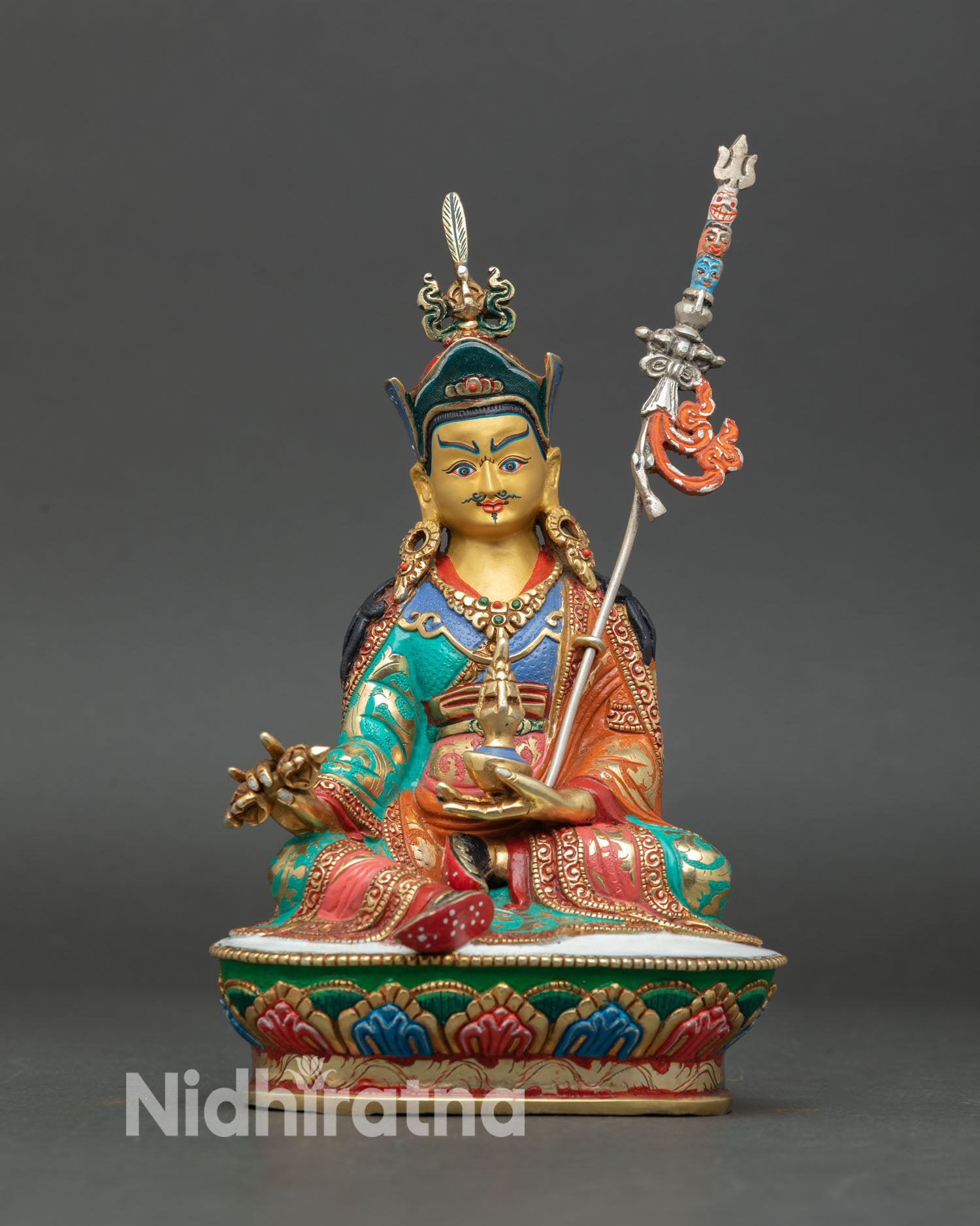 Guru Rinpoche statue, copper lost wax method, handmade in Nepal, gold painted face, Lotus Hat, Buddhist altar decor