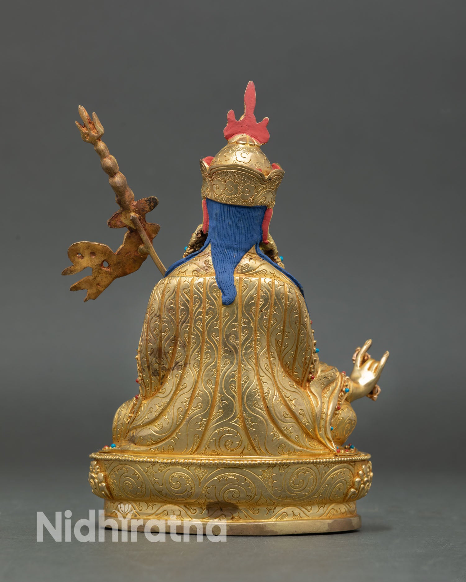 Guru Rinpoche statue detailed robes lotus throne gold gilding vajrayana sculpture