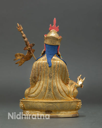 Guru Rinpoche statue detailed robes lotus throne gold gilding vajrayana sculpture