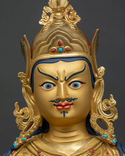 Guru Rinpoche statue face close up, gold-painted semi-wrathful expression, turquoise and coral crown