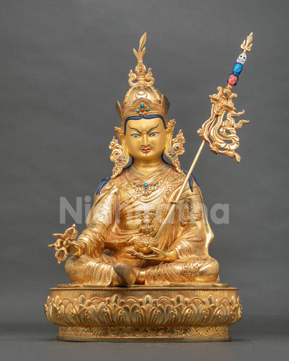 Guru Rinpoche statue from Nepal, 24K gold gilded copper Padmasambhava sculpture on lotus base, front view