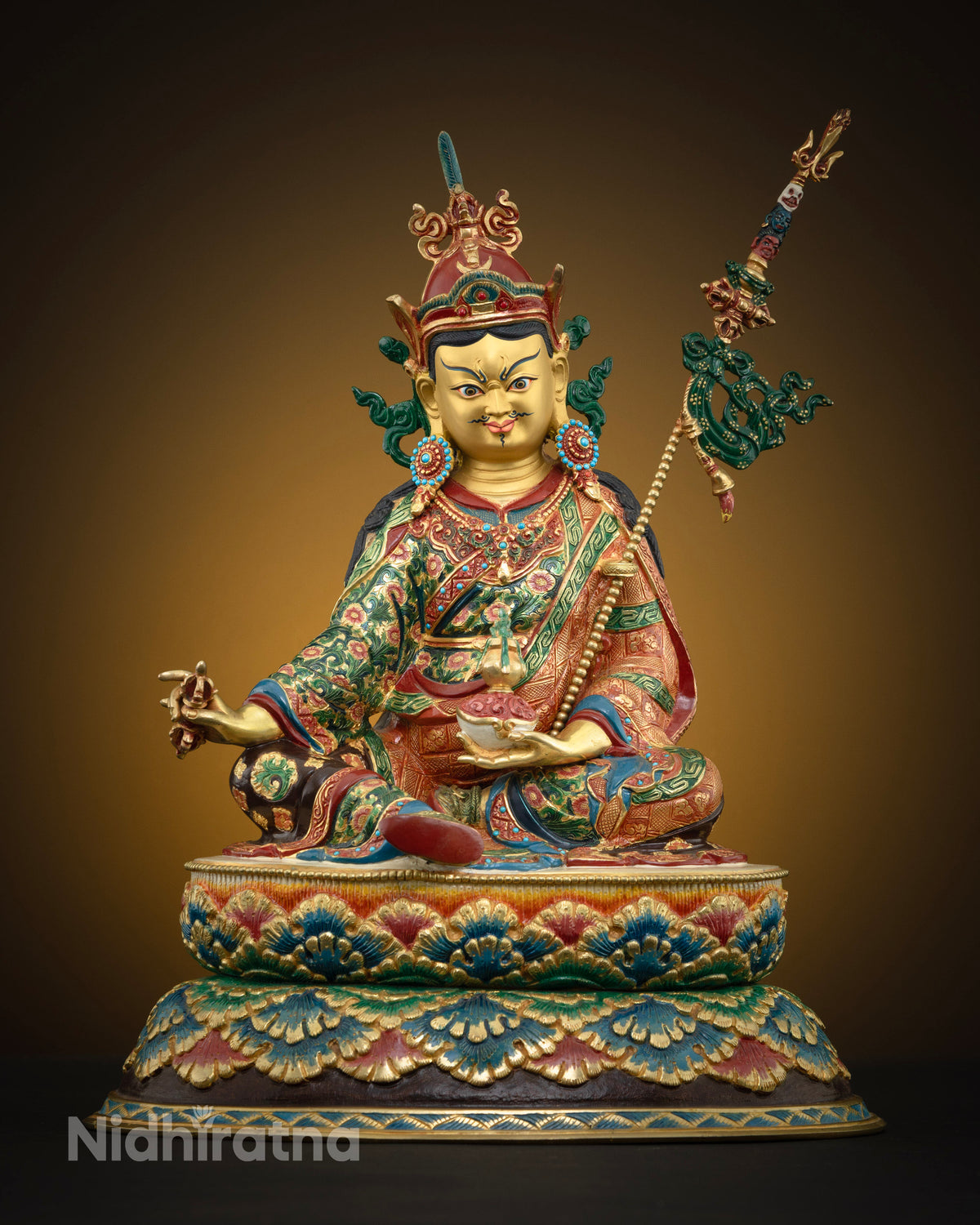Guru Rinpoche statue front view, 24K gold fire-gilded copper with vibrant acrylic finish, Nepal