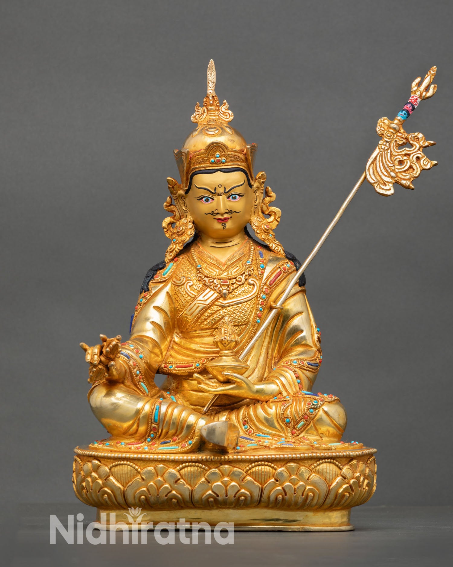 Guru Rinpoche statue front view copper lost wax casting gold gilded face semi precious stones Nepal Newari craft