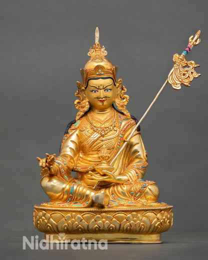 Guru Rinpoche statue front view copper lost wax casting gold gilded face semi precious stones Nepal Newari craft