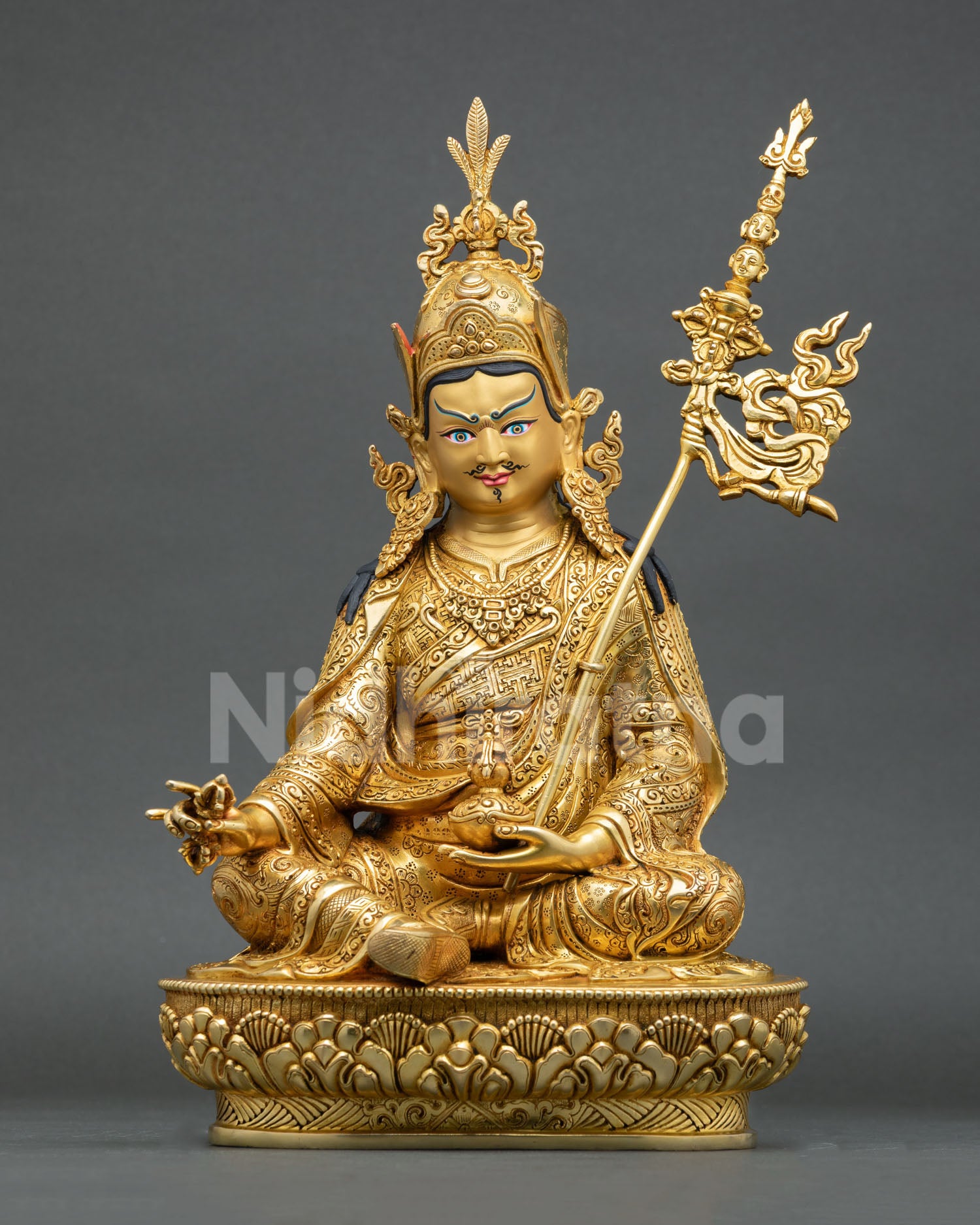 Guru Rinpoche Statue Front View, Gold Fire-Gilded Copper Buddhist Sculpture Nepal