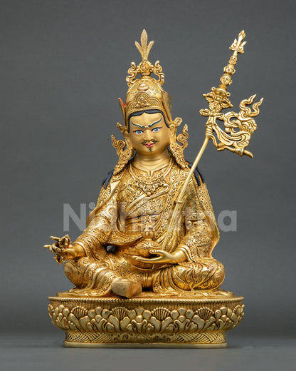 Guru Rinpoche Statue Front View, Gold Fire-Gilded Copper Buddhist Sculpture Nepal