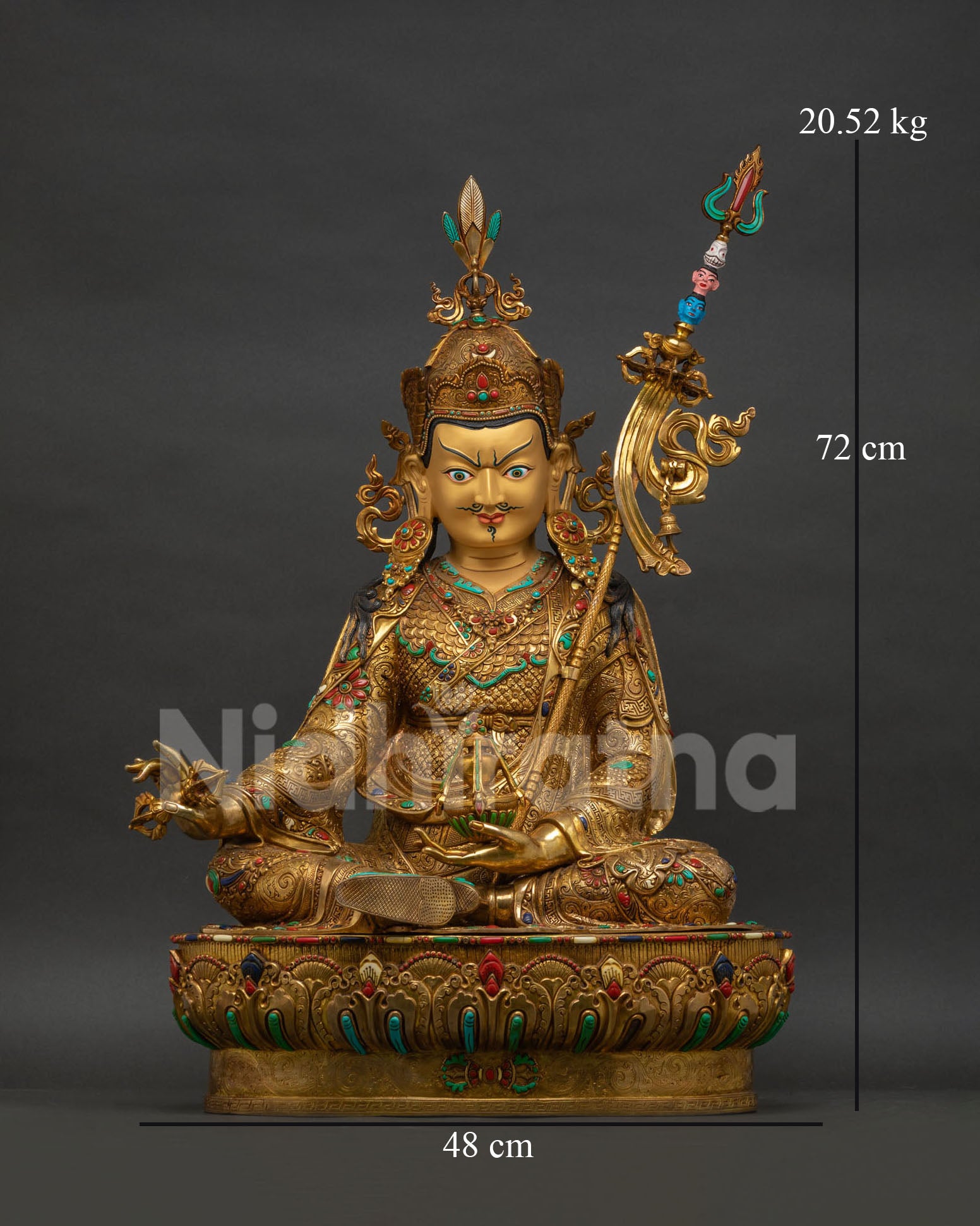 Guru Rinpoche statue front view, gold-gilded copper, turquoise coral inlay, Nepal handmade