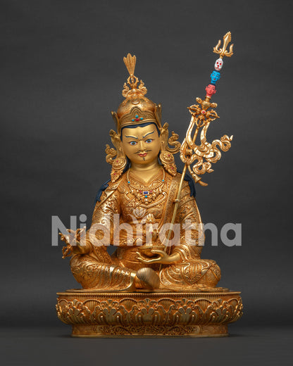 Guru Rinpoche Statue Front View Handcrafted 24K Gold Gilded Padmasambhava Sculpture from Nepal