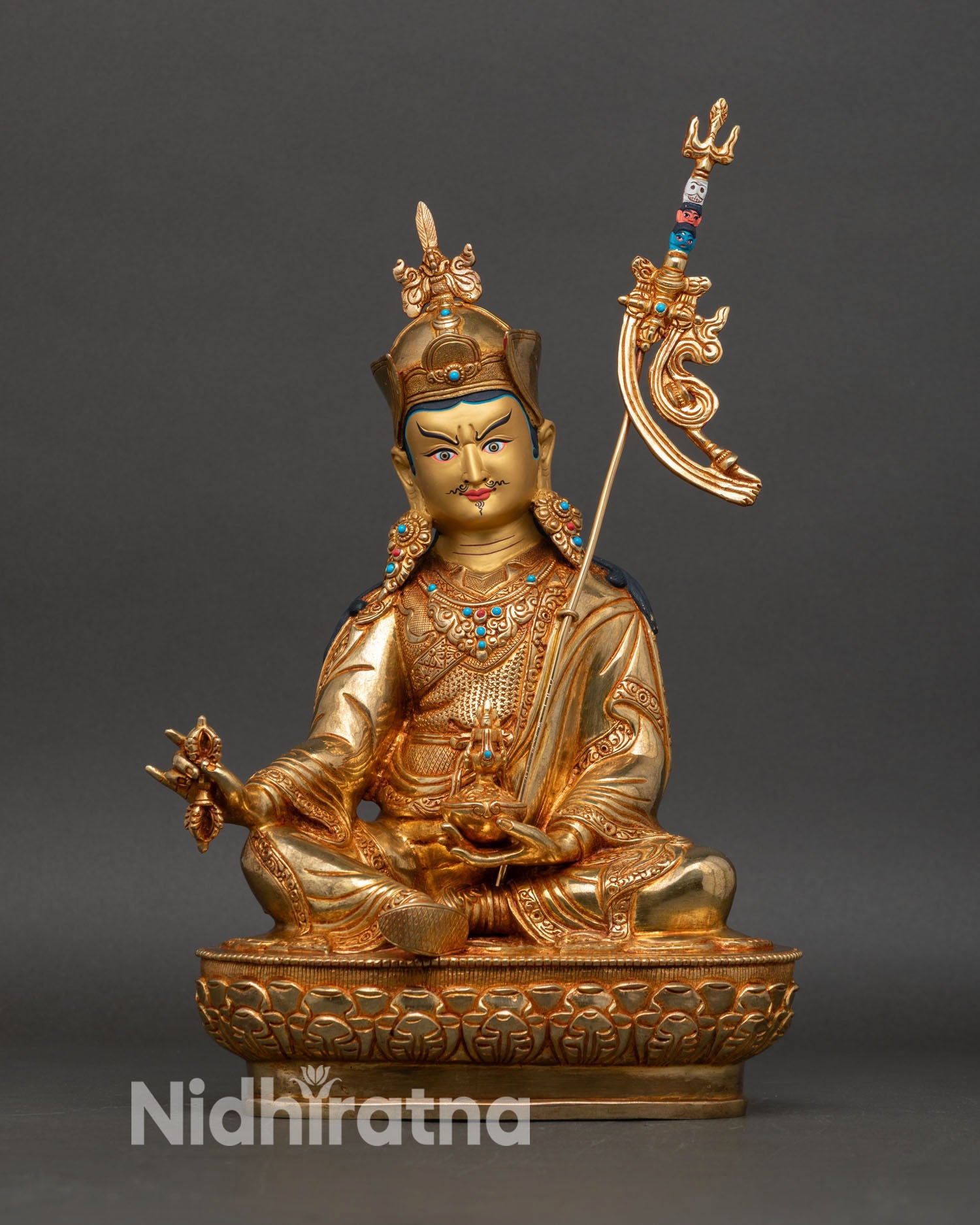 Guru Rinpoche statue front view handmade copper 24K gold gilded Padmasambhava sacred Buddhist sculpture