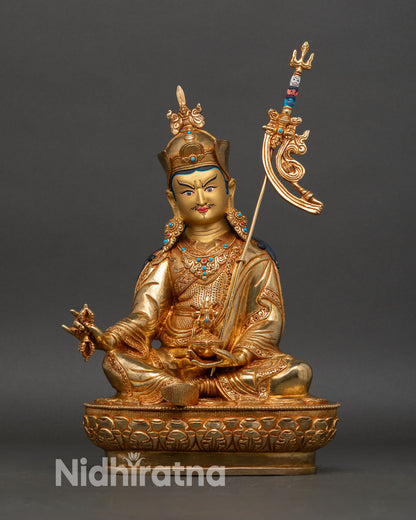 Guru Rinpoche statue front view handmade copper 24K gold gilded Padmasambhava sacred Buddhist sculpture