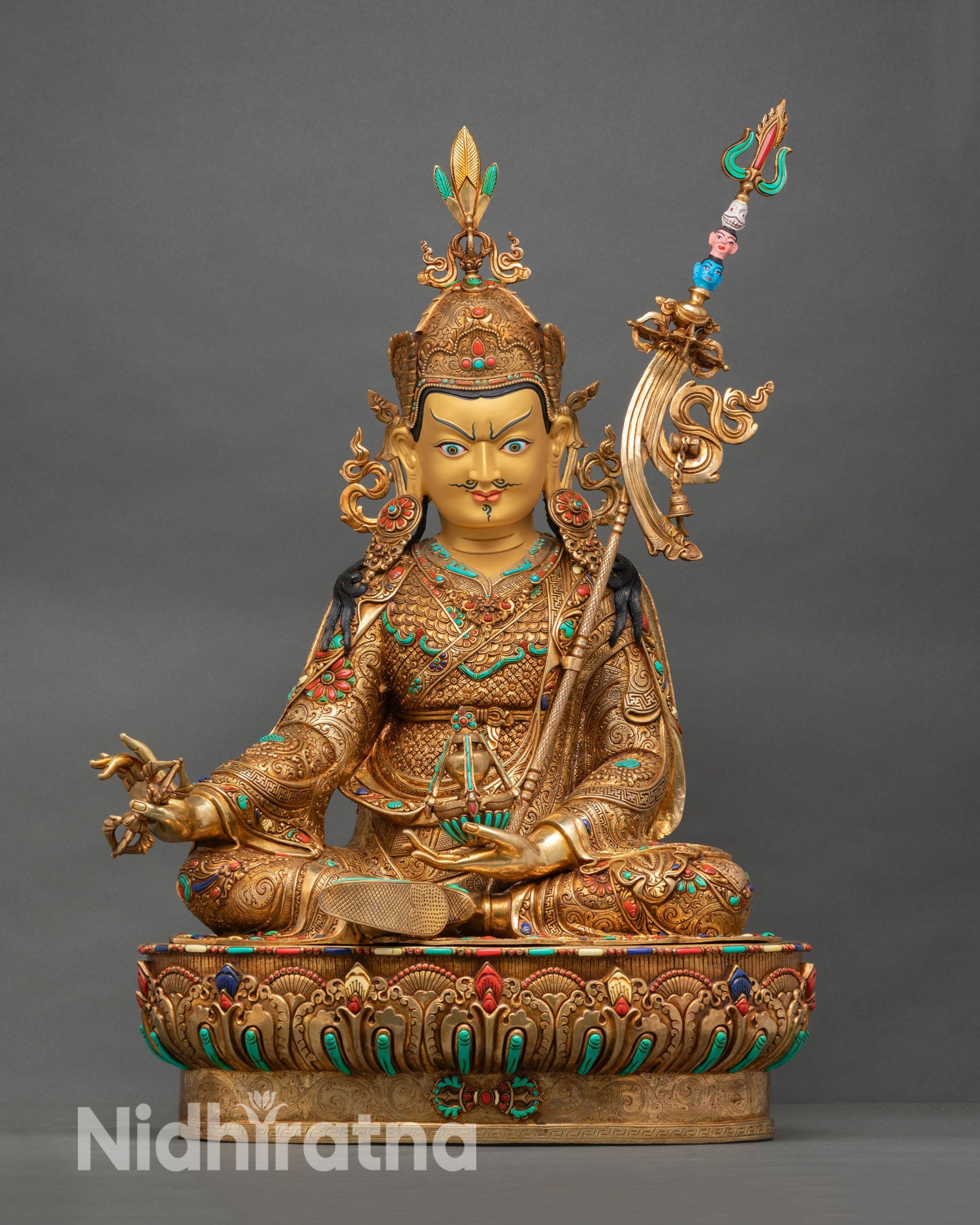 Guru Rinpoche statue front view Padmasambhava, 24K gold gilded copper, turquoise, coral inlay, Nepal artisan sculpture