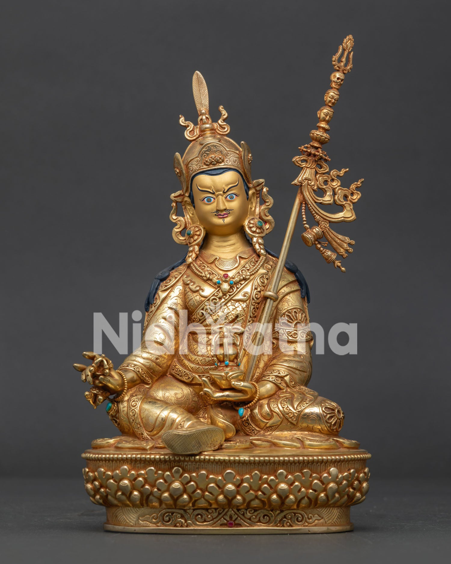 Guru Rinpoche Statue Front View with Gold Fire-Gilded Copper and Lotus Pedestal.