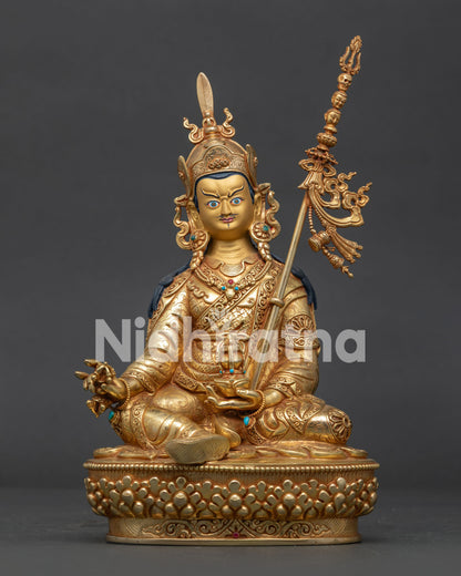Guru Rinpoche Statue Front View with Gold Fire-Gilded Copper and Lotus Pedestal.