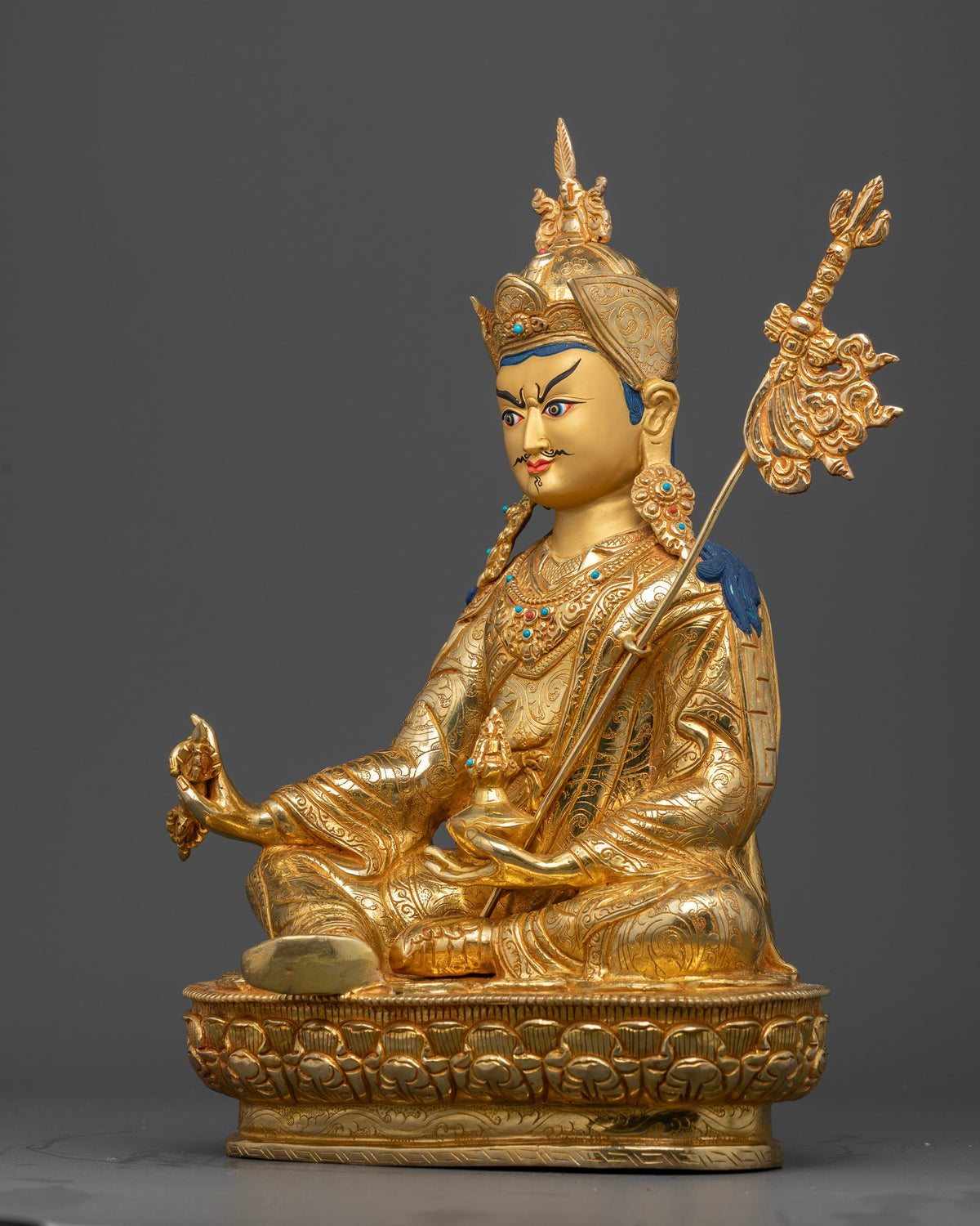 Guru Rinpoche Statue with Gold-Painted Face Trident and Intricate Ornaments