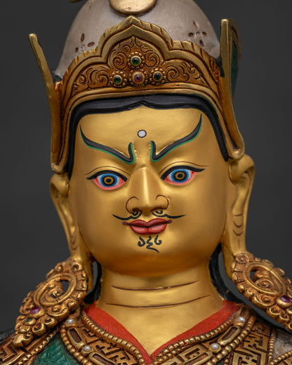 Guru Rinpoche Statue gold-painted face with vibrant acrylic colors detailed close up