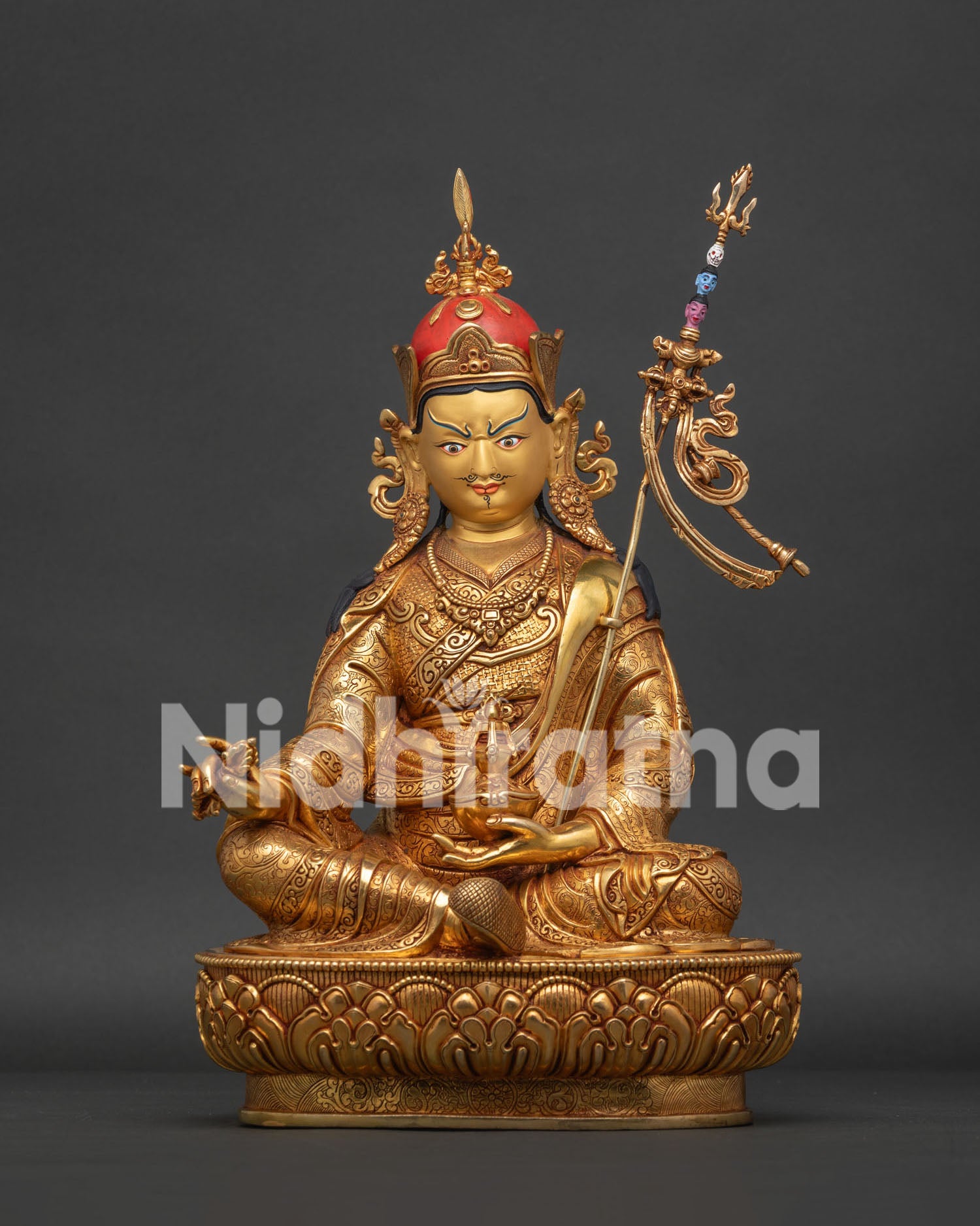 Guru Rinpoche Statue Handcrafted 24K Gold Gilded Copper Nepal Front View