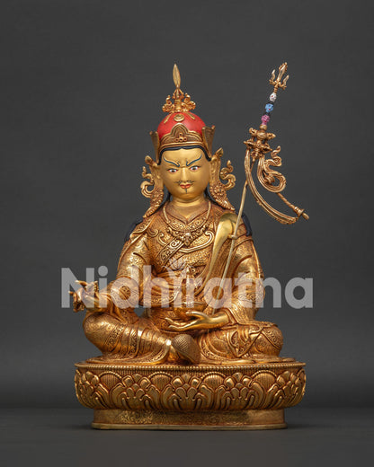Guru Rinpoche Statue Handcrafted 24K Gold Gilded Copper Nepal Front View