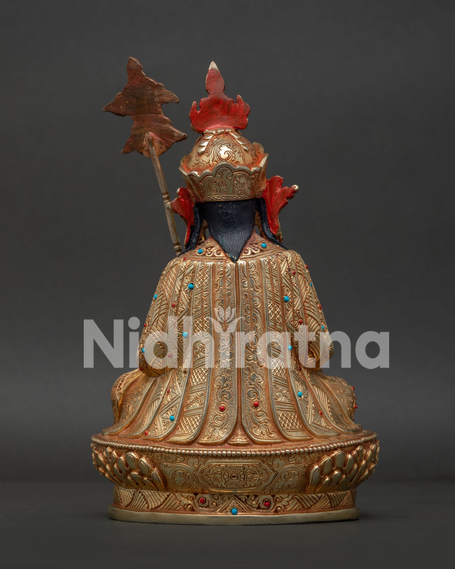 Guru Rinpoche statue handcrafted by Newari artisans from Patan Nepal with 24K gold fire gilding.
