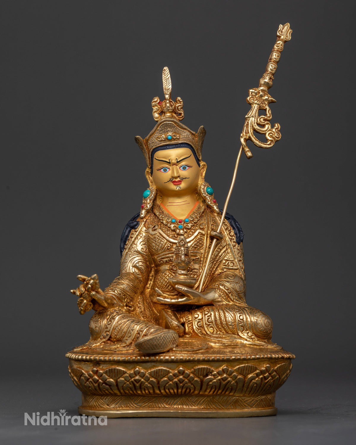 Guru Rinpoche statue handcrafted copper gold fire gilded from Patan Nepal.