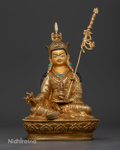 Guru Rinpoche statue handcrafted copper gold fire gilded from Patan Nepal.