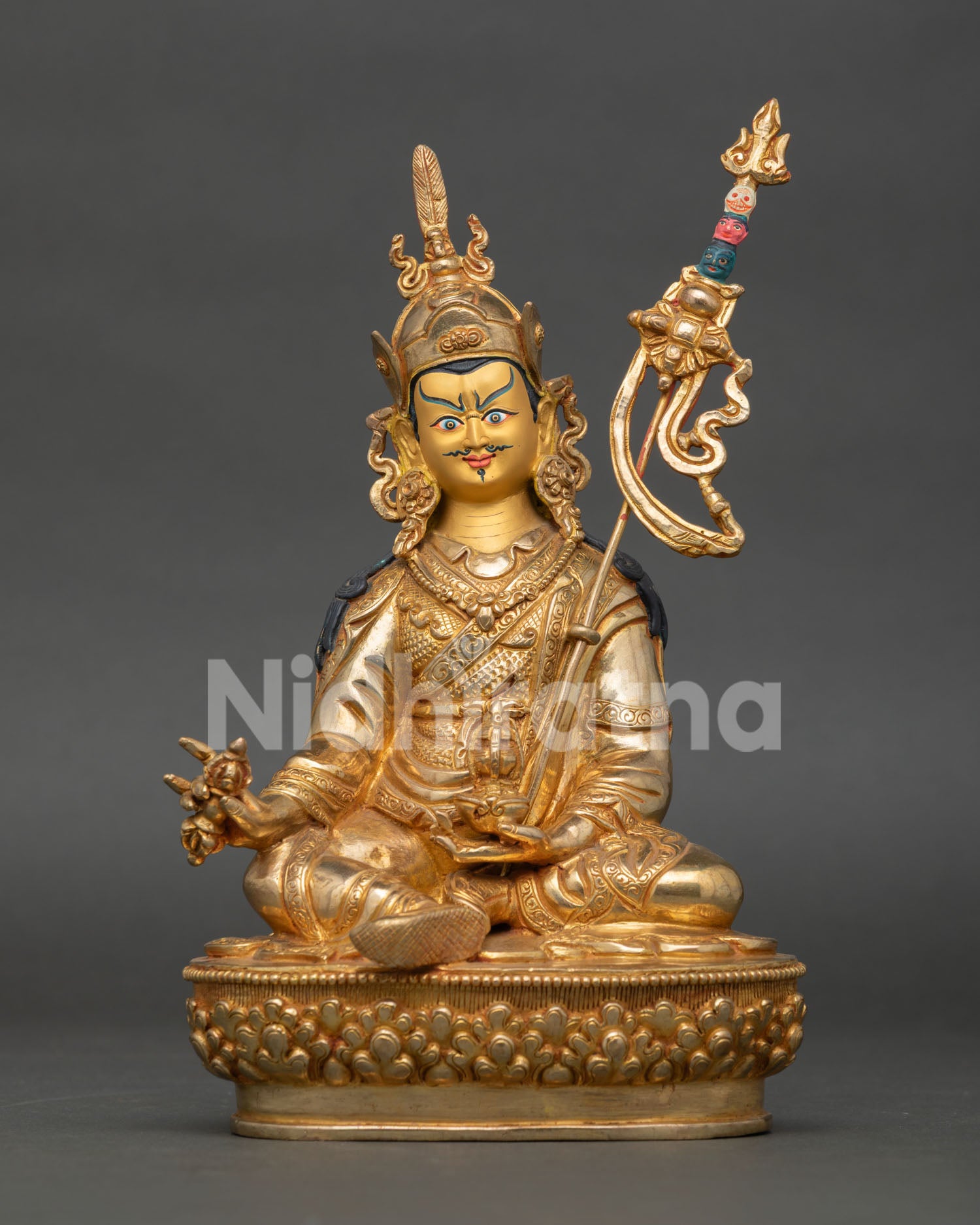 Guru Rinpoche Statue, handcrafted copper with 24K gold fire gilding from Nepal