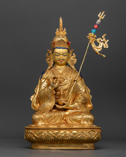 Guru Rinpoche Statue handcrafted in copper with 24K gold fire gilding front view