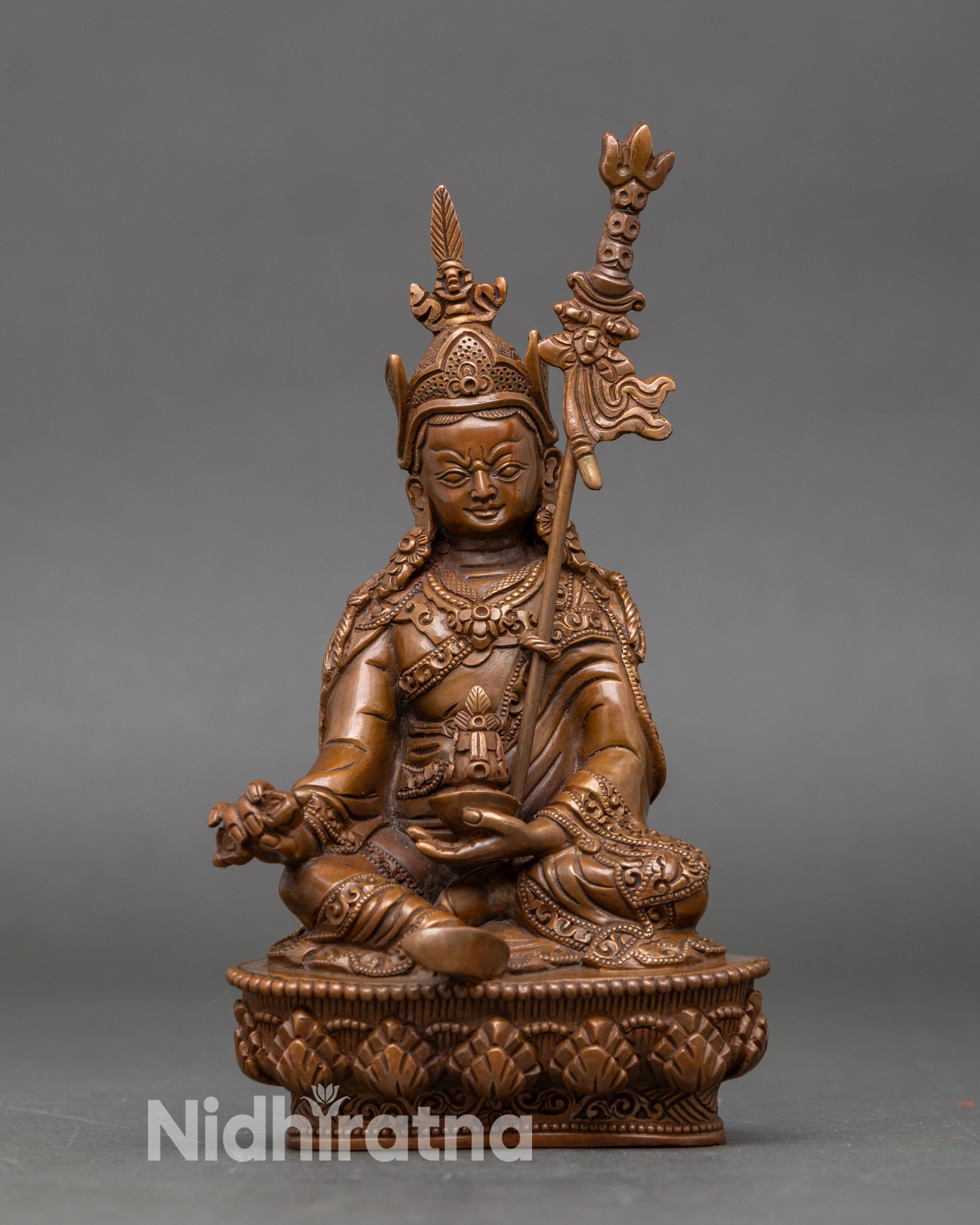 Guru Rinpoche statue handcrafted in Nepal, oxidized copper Padmasambhava on lotus throne