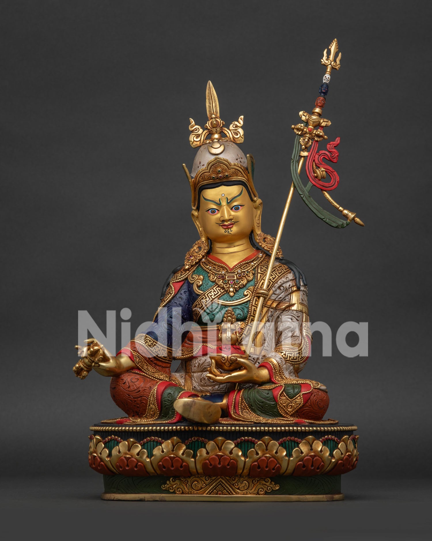 Guru Rinpoche Statue handcrafted in Nepal with gold-gilded silver-plated finish front view