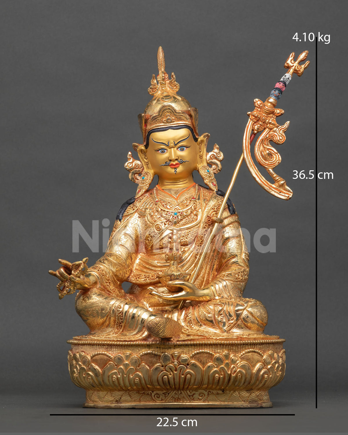 Guru Rinpoche statue handcrafted in Patan, Nepal with 24K gold fire gilding and semi-precious stones