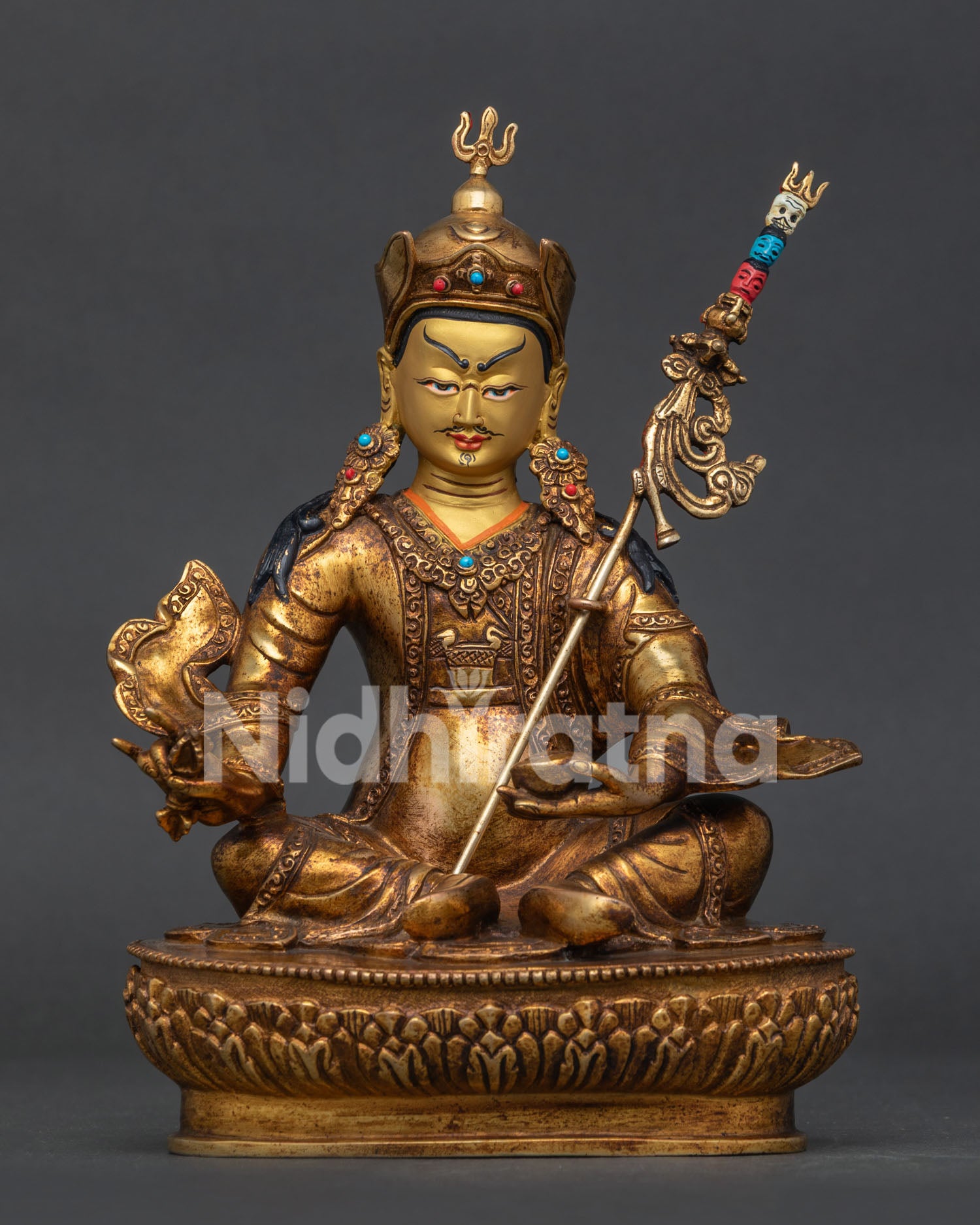 Guru Rinpoche Statue Front View Handcrafted in Nepal with 24K Gold Fire Gilded Copper