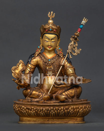 Guru Rinpoche Statue Front View Handcrafted in Nepal with 24K Gold Fire Gilded Copper