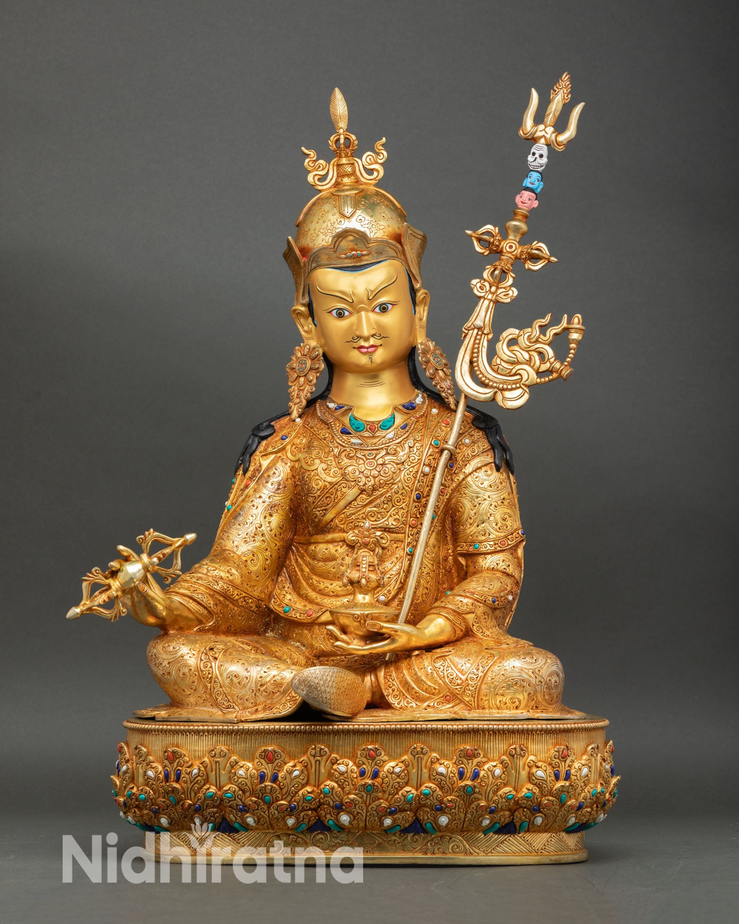 Guru Rinpoche statue handcrafted nepal front view copper 24k gold fire gilded lotus throne vajra kapala khatvanga
