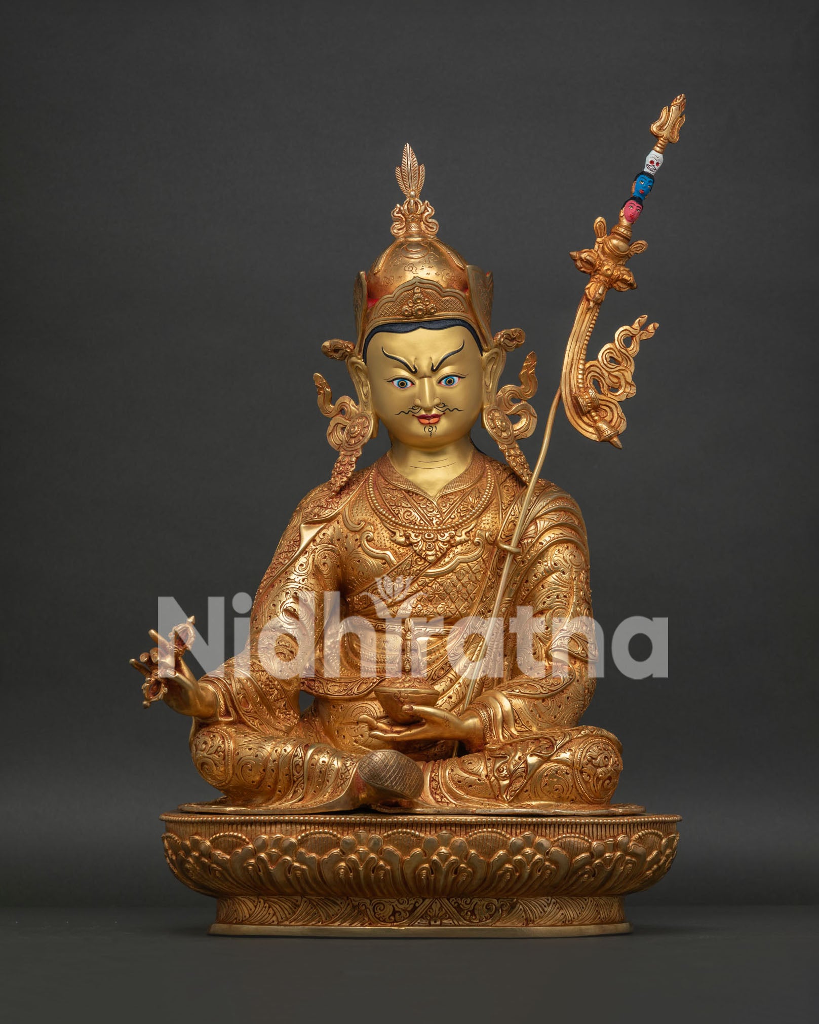 Guru Rinpoche Statue handcrafted Nepalese copper front view