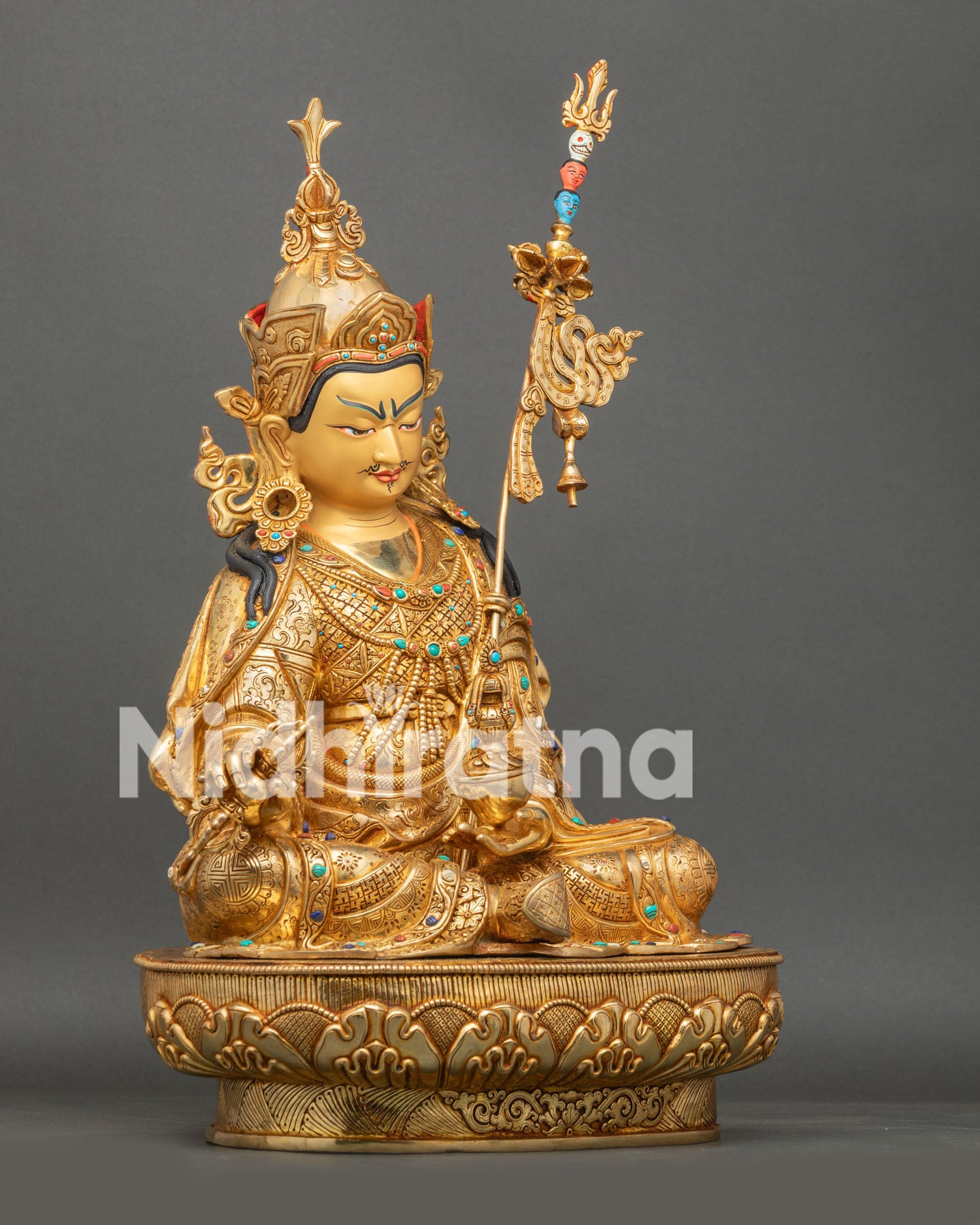 Guru Rinpoche Statue, Handmade by Newari Artisans from Patan Nepal with Semi Precious Stones