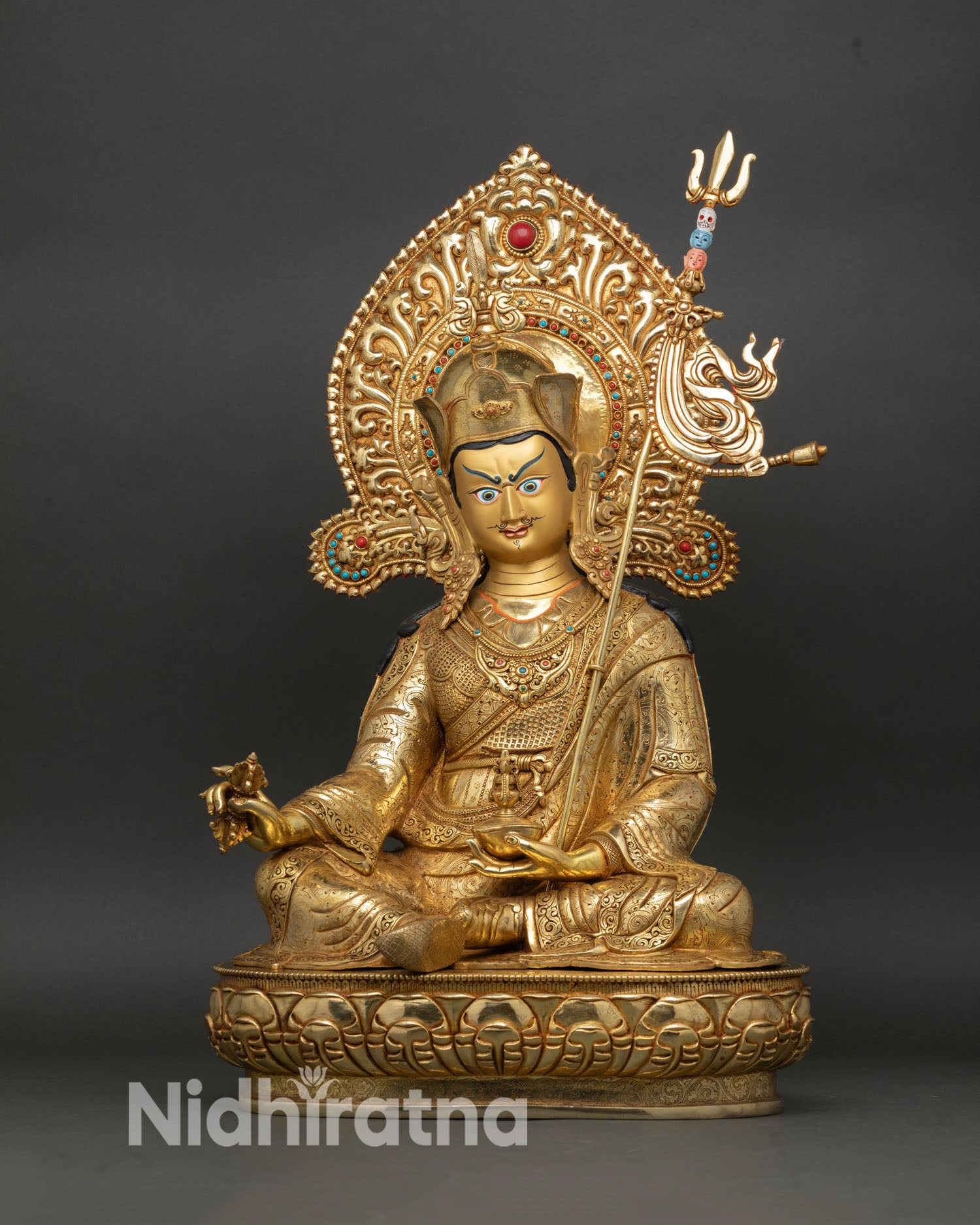 Guru Rinpoche Statue large front view gold gilded copper Padmasambhava Nepal
