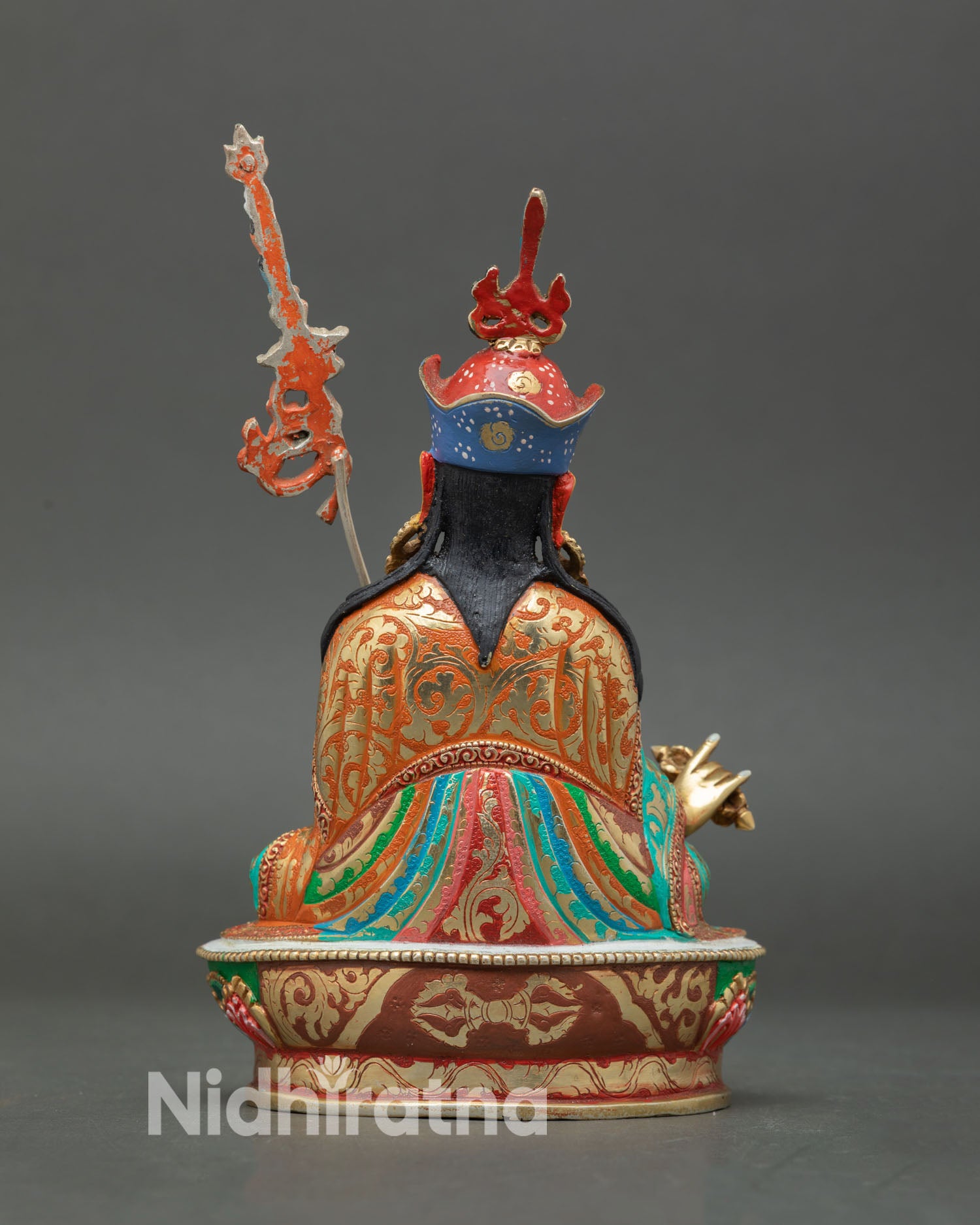 Guru Rinpoche statue, lotus pedestal, detailed carving Nepal, handmade Buddhist sculpture, copper art