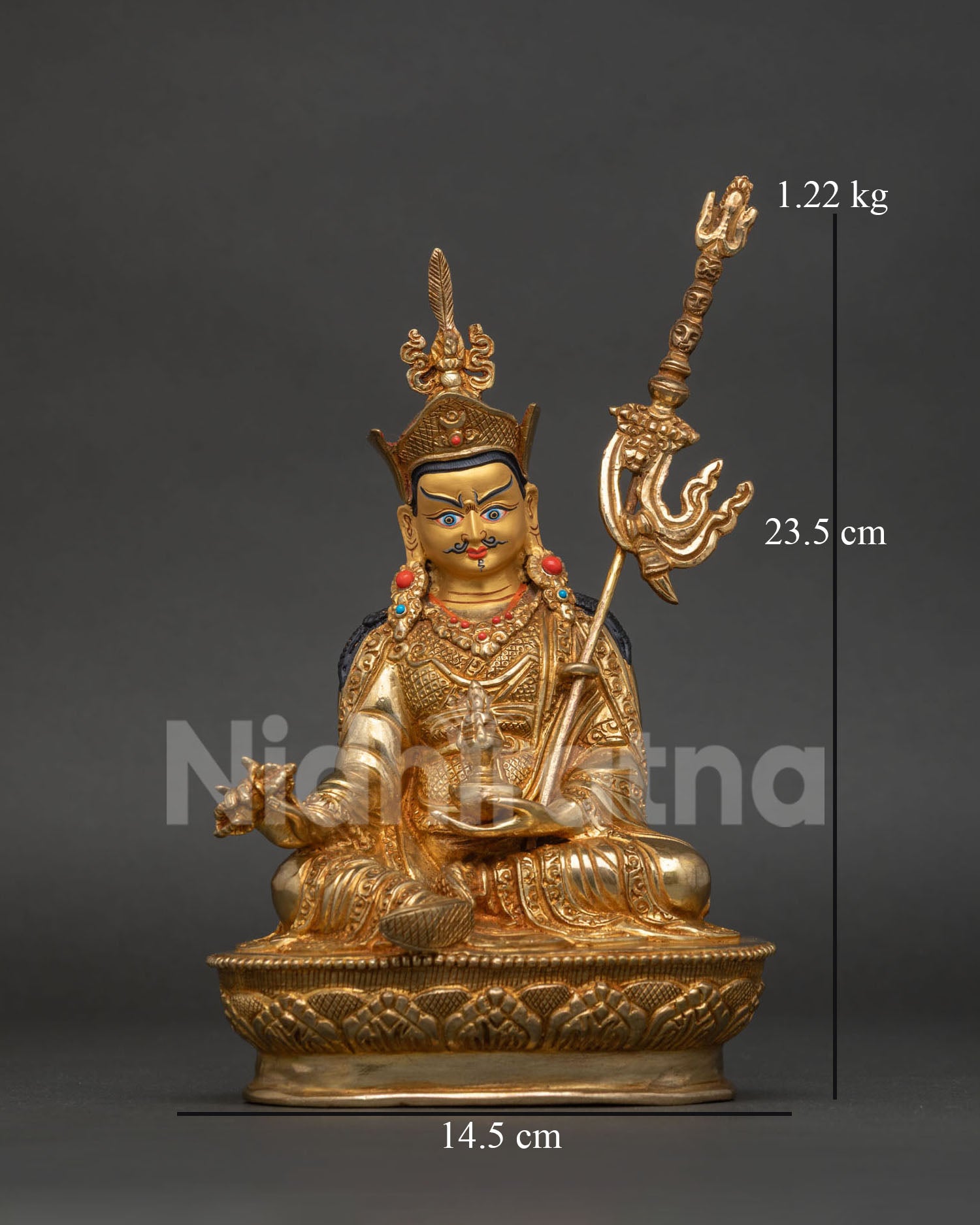 Guru rinpoche statue padmasambhava nepal gold fire gilded copper front view.