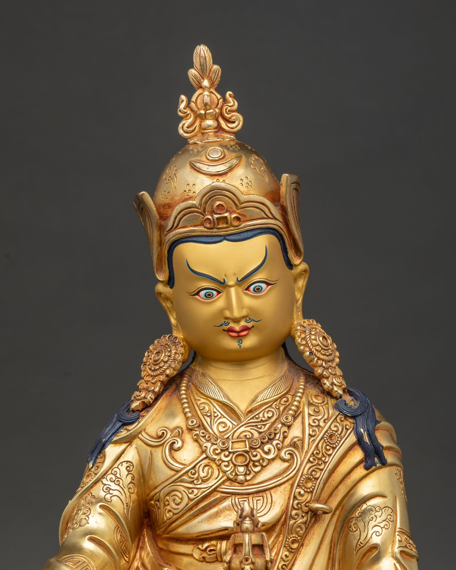 Guru Rinpoche Statue Regular Close Up Gold Fire Gilded Padmasambhava Art