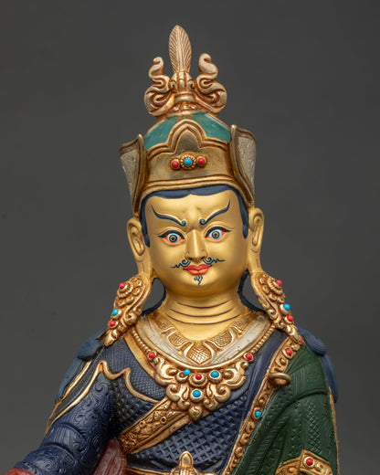 Guru Rinpoche Statue regular close up showing copper craftsmanship and colorful Padmasambhava details