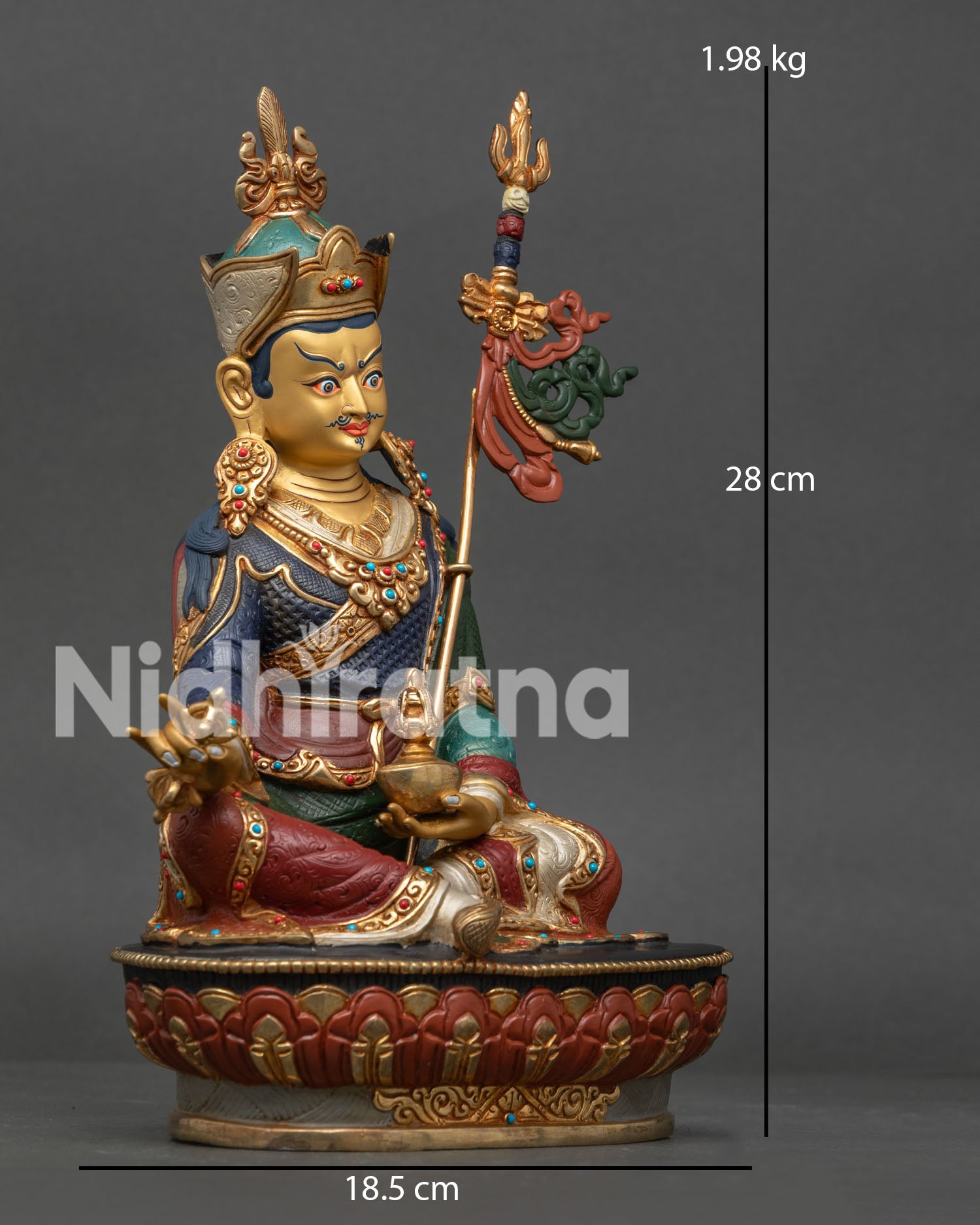 Guru Rinpoche Statue right side view displaying vajra, khatvanga, and handcrafted copper sculpture