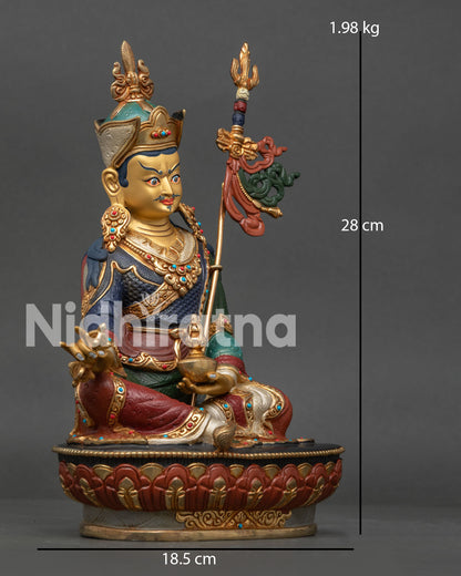 Guru Rinpoche Statue right side view displaying vajra, khatvanga, and handcrafted copper sculpture