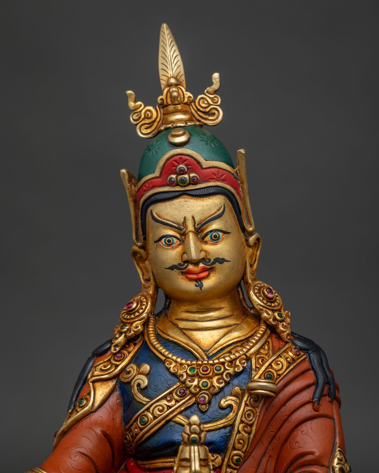 Guru Rinpoche Statue right side view with lotus pedestal and khatvanga