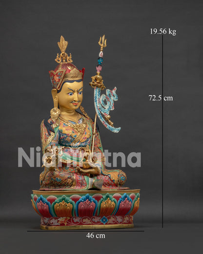 Guru Rinpoche statue right view side showing ornate robes, vajra and richly detailed embellishments