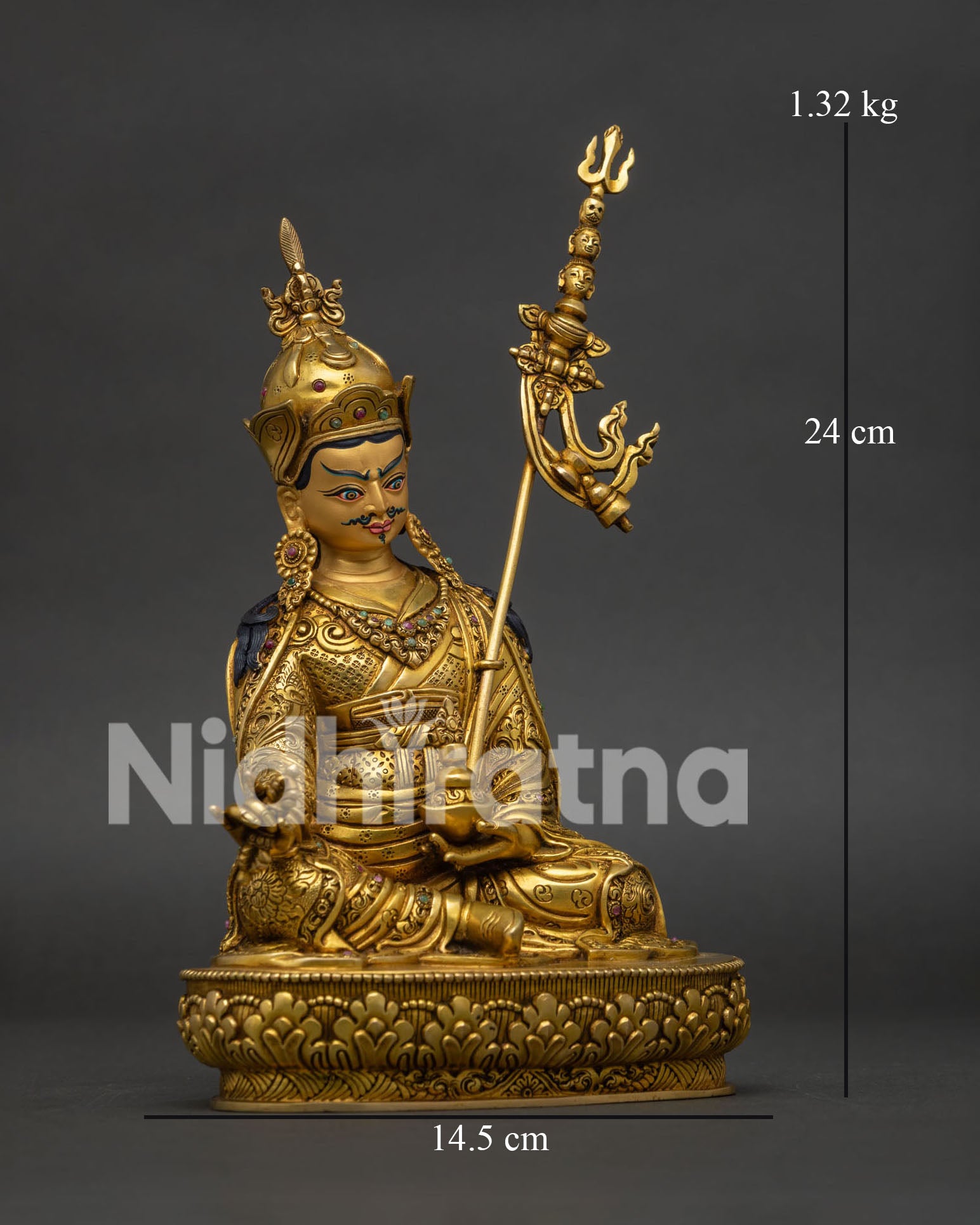 Guru Rinpoche Statue seated on double lotus pedestal holding vajra and kapala with semi-precious stone inlays