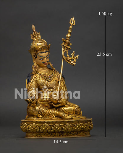 Guru Rinpoche Statue seated on lotus pedestal holding vajra and kapala with sacred details