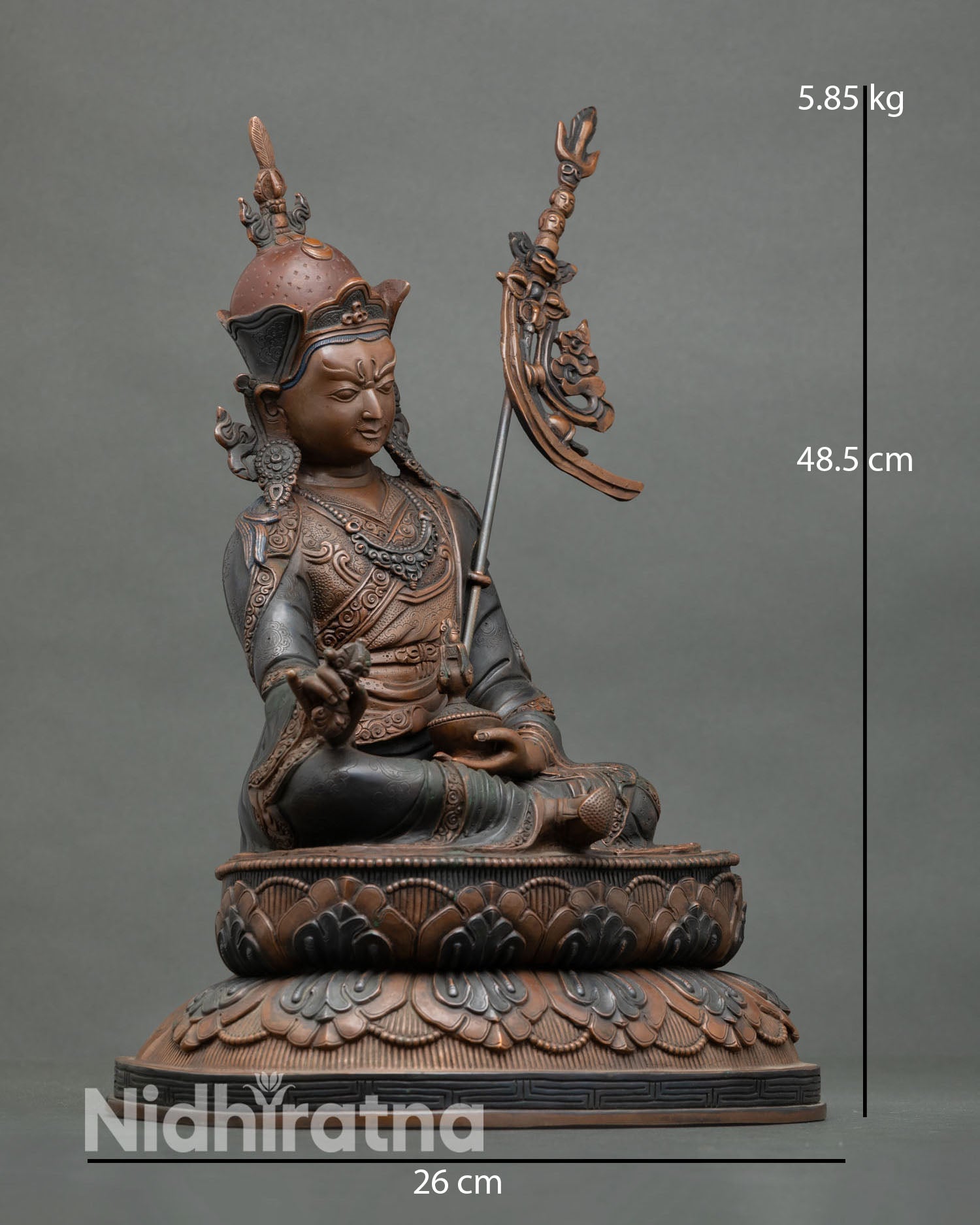 Guru Rinpoche statue side view meditation posture lost wax casting chemically oxidized finish Nepal
