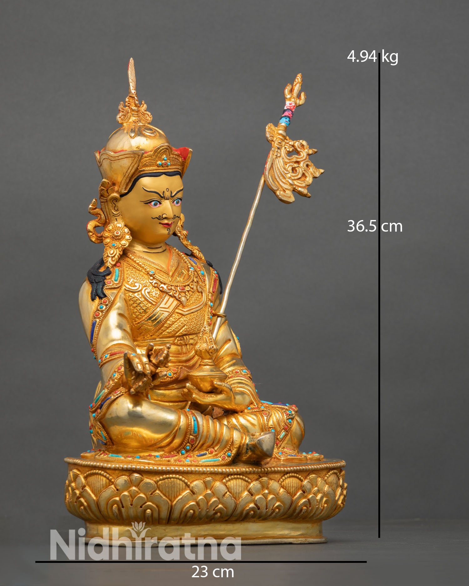 Guru Rinpoche statue side view pure copper sculpture gilded finishing traditional Nepalese meditation deity art